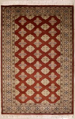 4'1x6'1 Bokhara Jaldar Area Rug with Silk & Wool Pile - Geometric Diamond Design | Hand-Knotted in Reddish Brown