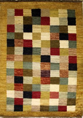 3'10x5'9 Gabbeh Area Rug made using Vegetable dyes with Wool Pile - Checkered Design | Hand-Knotted Multicolored | 4x6 Double Knot Rug