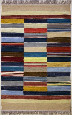 3'2"x5'3" Elegant Striped Gabbeh Rug in Lustrous Multi-colors, New 3x5 Wool Kilim Elegance, Flatweave Contemporary Rug, qw11 