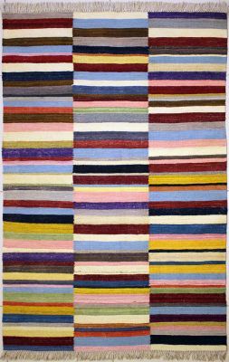 4'1"x5'10" Irresistible Striped Gabbeh Rug in Exhilarating Multi-colors, New 4x6 Wool Kilim Perfection, Flatweave Contemporary Rug, qw9 