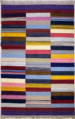 4'2"x6' Grand Striped Gabbeh Rug in Enigmatic Multi-colors, New 4x6 Wool Kilim Artistry, Flatweave Contemporary Rug, qw10 