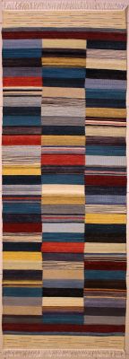 2'7"x8'1" Twinkling Striped Gabbeh Rug in Glamorous Multi-colors, New 2.5x8 Wool Kilim Achievement, Runner Flatweave Contemporary Rug, qw1 