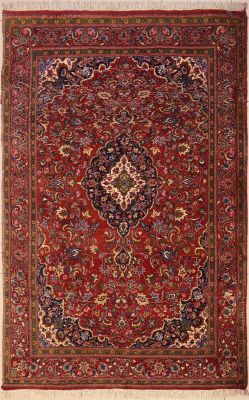 6'2"x8'10" Soothing Medallion Pak Persian Rug in Twinkling Maroon, Blue & Green, Vintage 6x9 Wool, Silk Double Knot Handwork, Hand-Knotted Kashan / Isfahan Rug, qk1067 
