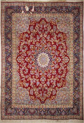 9'9"x12'10" Resplendent Floral Pak Persian Rug in Stunning Red, Beige & Blue, Vintage 9x12 Wool Double Knot Elegance, Hand-Knotted Kashan / Isfahan Rug, qk08906 