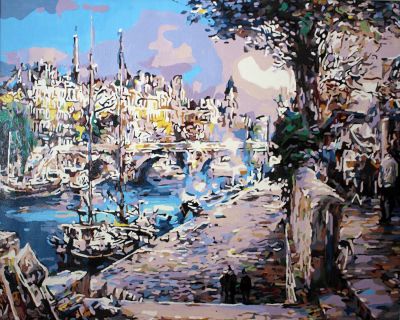 The Heavenly Opus: "Harbor Town" in Fascinating Beige, Turquoise & White, Brushwork in 16x20(in) Acrylic on Canvas painting, Scenic Art, pal2