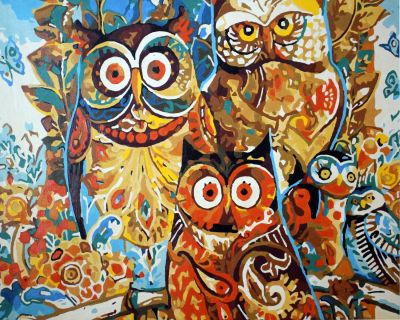 The Exquisite Opus: "Owl Symphony" in Serene Gold, Reddish Brown & Turquoise, Brushwork in 16x20(in) Acrylic on Canvas painting, Natural World & Conceptual Art, pal6