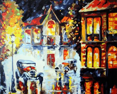 The Thrilling Gem: "Rainy Night in Town" in Tranquil White, Black & Gold, Brushwork in 16x20(in) Acrylic on Canvas painting, Scenic & Impressionism / Everyday Life Art, pal7