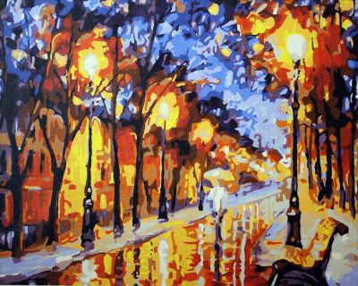 The Entrancing Manifestation: "Rainy Night" in Twinkling Gold, Blue & Brown, Brushwork in 16x20(in) Acrylic on Canvas painting, Scenic & Impressionism / Everyday Life Art, pal12