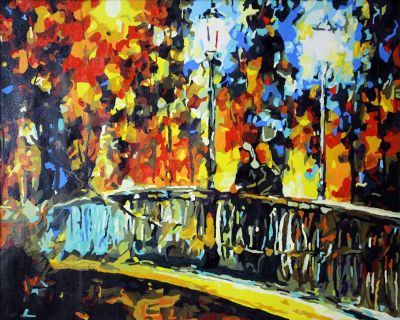 The Sublime Manifestation: "Glowing Bridge" in Graceful Gold, Black & Red, Brushwork in 16x20(in) Acrylic on Canvas painting, Impressionism / Everyday Life Art, pal57