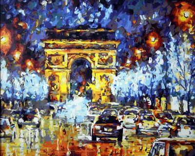 The Uplifting Conception: "Parisian Nightscape" in Shining Blue, Gold & Turquoise, Brushwork in 16x20(in) Acrylic on Canvas painting, Scenic & Impressionism / Everyday Life Art, pal58