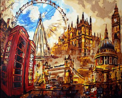 The Beaming Achievement: "The Majesty Of London" in Mysterious Beige, Gold & Red, Brushwork in 16x20(in) Acrylic on Canvas painting, Scenic & Conceptual Art, pal51