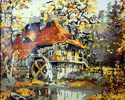 The Phenomenal Innovation: "Waterwheel House" in Shining Gold, Beige & Green, Brushwork in 16x20(in) Acrylic on Canvas painting, Scenic Art, pal52