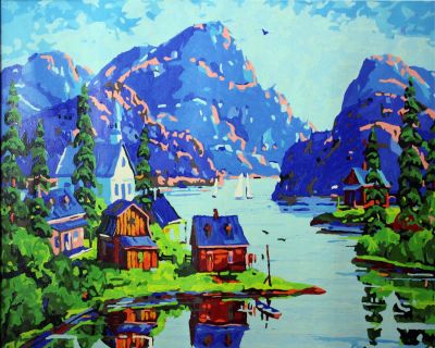The Electrifying Creation: "Mountain Lake Haven" in Sizzling Turquoise, Blue & Green, Brushwork in 16x20(in) Acrylic on Canvas painting, Scenic Art, pal53