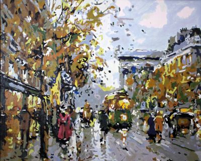 The Euphoric Treasure: "Rainy Day in the City" in Mesmerizing Beige, Brown & Grey, Brushwork in 16x20(in) Acrylic on Canvas painting, Scenic Art, pal67