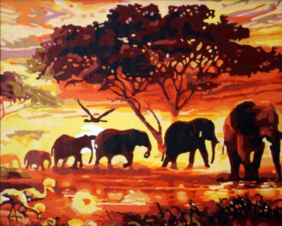 The Magical Handwork: "Sunset Serenade - A Family of Elephants" in Enticing Red, Brown & Gold, Brushwork in 16x20(in) Acrylic on Canvas painting, Scenic & Natural World Art, pal65