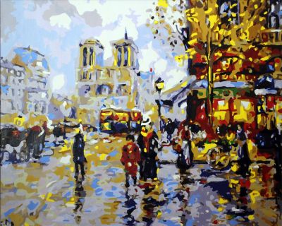 The Exhilarating Workmanship: "Parisian Post-Rain Glow" in Enlivening Grey, Gold & White, Brushwork in 16x20(in) Acrylic on Canvas painting, Scenic & Impressionism / Everyday Life Art, pal63