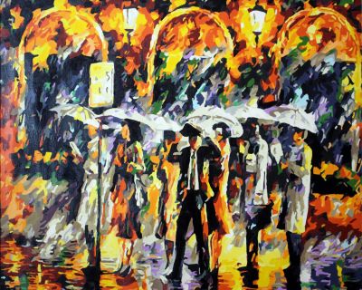 The Mesmerizing Handiwork: "Rainy Night Reflections" in Dazzling Gold, Black & White, Brushwork in 16x20(in) Acrylic on Canvas painting, Impressionism / Everyday Life Art, pal56