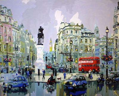 The Resplendent Execution: "Trafalgar Square Symphony" in Divine Purple, Grey & White, Brushwork in 16x20(in) Acrylic on Canvas painting, Scenic & Impressionism / Everyday Life Art, pal21
