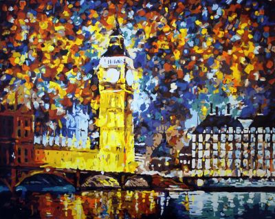 The Incredible Execution: "The Glittering London" in Brilliant Blue, Gold & Reddish Brown, Brushwork in 16x20(in) Acrylic on Canvas painting, Scenic Art, pal23
