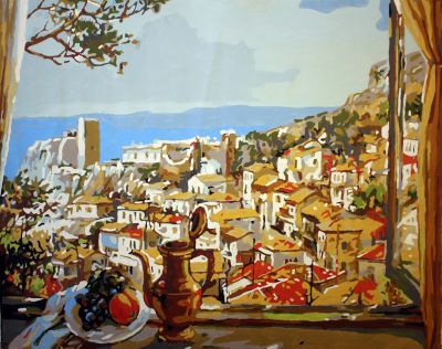 The Luminous Classic: "Mediterranean Escape" in Enigmatic Gold, Blue & Green, Brushwork in 16x20(in) Acrylic on Canvas painting, Scenic & Still Life Art, pal24

