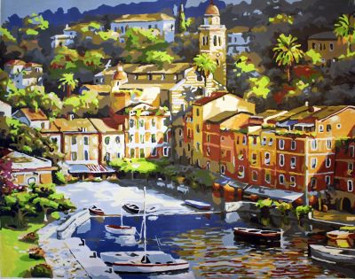 The Vibrant Elegance: "Harbor Hues: A Mediterranean Mosaic" in Miraculous Blue, Gold & Green, Brushwork in 16x20(in) Acrylic on Canvas painting, Scenic Art, pal26
