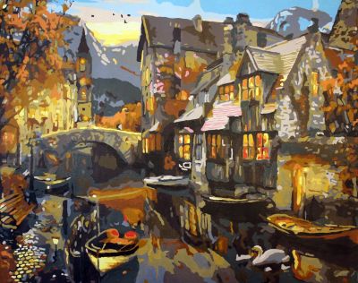 The Stimulating Artwork: "River Reflections: A Charming Canal Town" in Elegant Grey, Black & Orange, Brushwork in 16x20(in) Acrylic on Canvas painting, Scenic Art, pal27
