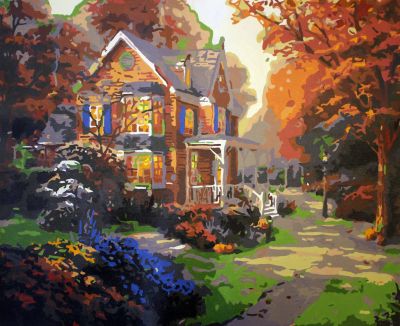 The Fabulous Workmanship: "Autumn's Charm: A House in the Woods" in Irresistible Purple, Beige & Black, Brushwork in 16x20(in) Acrylic on Canvas painting, Scenic Art, pal29
