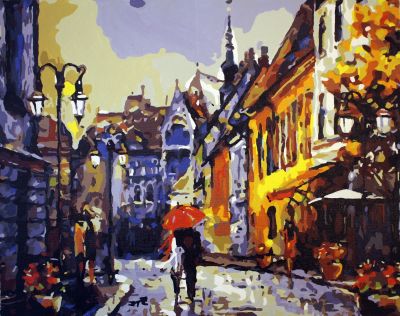 The Reinvigorating Artistry: "Rainy Day in Old Town" in Heavenly Purple, Black & Blue, Brushwork in 16x20(in) Acrylic on Canvas painting, Scenic & Impressionism / Everyday Life Art, pal30

