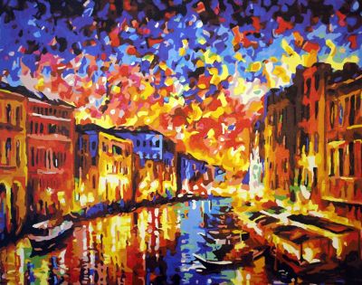 The Transfixing Treasure: "Venetian Dreamscape" in Elegant Blue, Gold & Red, Brushwork in 16x20(in) Acrylic on Canvas painting, Scenic Art, pal32

