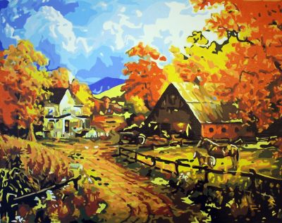 The Glittering Workmanship: "Autumn Serenade: A Rural Retreat" in Dreamy Turquoise, Black & Orange, Brushwork in 16x20(in) Acrylic on Canvas painting, Scenic & Impressionism / Everyday Life Art, pal33
