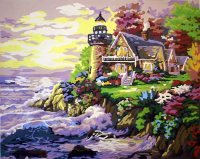 The Reinvigorating Performance: "Lighthouse Haven" in Exotic Purple, Green & White, Brushwork in 16x20(in) Acrylic on Canvas painting, Scenic Art, pal36
