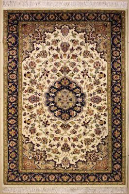 4'1"x6'4" Ecstatic Medallion Pak Persian Rug in Divine White, Beige & Blue, New 4x6 Wool Double Knot Composition, Hand-Knotted Kashan / Isfahan Rug, qk08902 