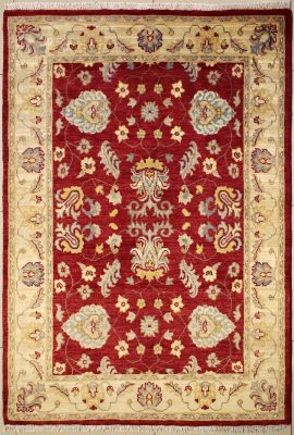 4'1"x6'5" Luminous Floral Chobi Ziegler Rug in Sparkling Red, Beige & White, New 4x6 Wool Double Knot Elegance, Hand-Knotted Rug, qk08925 
