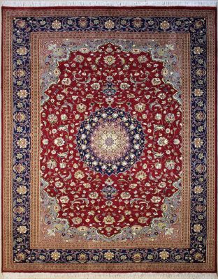 8'x10'6" Sizzling Medallion Pak Persian Rug in Vivid Maroon, Beige & Blue, New 8x10 Wool Double Knot Achievement, Hand-Knotted Kashan / Isfahan Rug, qk08922 