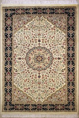 4'4"x7'1" Shimmering Floral Pak Persian Rug in Vivid White, Beige & Blue, New 4.5x7 Wool Double Knot Masterpiece, Hand-Knotted Kashan / Isfahan Rug, qk08865 