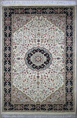 4'5"x7'1" Lovely Floral Pak Persian Rug in Radiant White, Beige & Blue, New 4.5x7 Wool Double Knot Handwork, Hand-Knotted Kashan / Isfahan Rug, qk08862 
