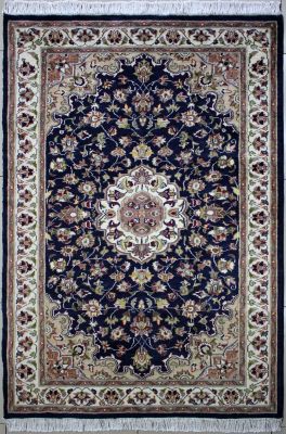 4'1"x6'3" Enigmatic Floral Pak Persian Rug in Radiant Blue, Beige & White, New 4x6 Wool, Silk Double Knot Magnificence, Hand-Knotted Kashan / Isfahan Rug, qk08840 