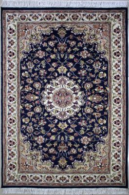 4'1"x6'5" Breathtaking Floral Pak Persian Rug in Radiant Blue, Beige & White, New 4x6 Wool, Silk Double Knot Wonder, Hand-Knotted Kashan / Isfahan Rug, qk08841 