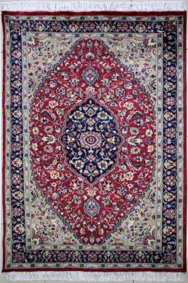 4'1"x6' Majestic Medallion Pak Persian Rug in Graceful Maroon, Beige & Blue, New 4x6 Wool Double Knot Gem, Hand-Knotted Kashan / Isfahan Rug, qk08860 