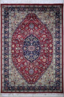 4'1"x6' Outstanding Medallion Pak Persian Rug in Magnetic Maroon, Beige & Blue, New 4x6 Wool Double Knot Handiwork, Hand-Knotted Kashan / Isfahan Rug, qk08861 