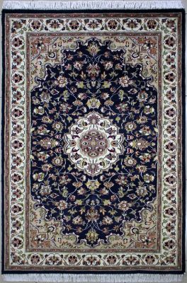 4'1"x6'4" Fantastical Medallion Pak Persian Rug in Exotic Blue, Beige & White, New 4x6 Wool, Silk Double Knot Treasure, Hand-Knotted Kashan / Isfahan Rug, qk08848 