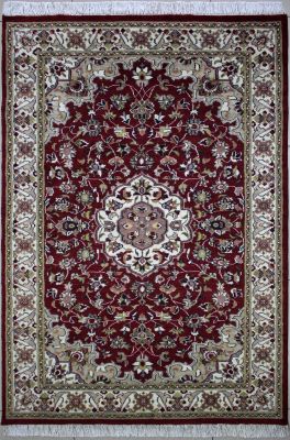 4'1"x6'2" Lovely Medallion Pak Persian Rug in Warming Red, Beige & White, New 4x6 Wool, Silk Double Knot Gem, Hand-Knotted Kashan / Isfahan Rug, qk08844 