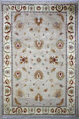 4'1"x6'4" Impressive Floral Chobi Ziegler Rug in Sparkling Beige, Reddish Brown & White, New 4x6 Wool Double Knot Execution, Hand-Knotted Rug, qk08900 