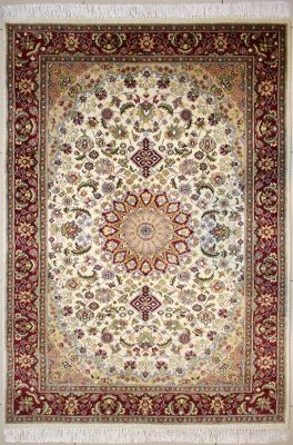 4'1"x6'5" Impressive Floral Pak Persian Rug in Vivid White, Beige & Red, New 4x6 Wool, Silk Double Knot Innovation, Hand-Knotted Kashan / Isfahan Rug, qk08883 