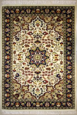 4'1"x6'2" Transfixing Floral Pak Persian Rug in Enigmatic White, Beige & Blue, New 4x6 Wool Double Knot Masterpiece, Hand-Knotted Kashan / Isfahan Rug, qk08886 