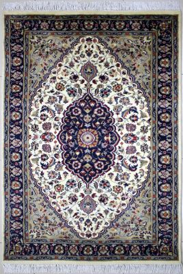 3'11"x6'1" Ethereal Medallion Pak Persian Rug in Enticing White, Beige & Blue, New 4x6 Wool Double Knot Rarity, Hand-Knotted Kashan / Isfahan Rug, qk08854 
