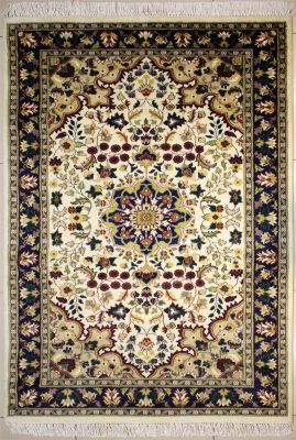 4'1"x6'4" Breathtaking Floral Pak Persian Rug in Resplendent White, Beige & Blue, New 4x6 Wool Double Knot Wonder, Hand-Knotted Kashan / Isfahan Rug, qk08895 