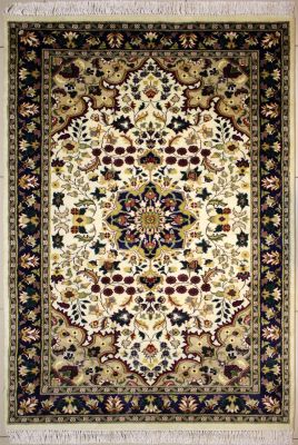 4'x6'3" Magical Floral Pak Persian Rug in Harmonious White, Beige & Blue, New 4x6 Wool Double Knot Handwork, Hand-Knotted Kashan / Isfahan Rug, qk08896 
