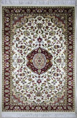4'x6'4" Mesmerizing Medallion Pak Persian Rug in Rhythmic White, Beige & Red, New 4x6 Wool, Silk Double Knot Innovation, Hand-Knotted Kashan / Isfahan Rug, qk08882 