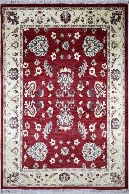 4'2"x6'1" Amazing Floral Chobi Ziegler Rug in Enigmatic Organic Dyed Red, Beige & White, New 4x6 Wool Double Knot Masterwork, Hand-Knotted Rug, qk08892 
